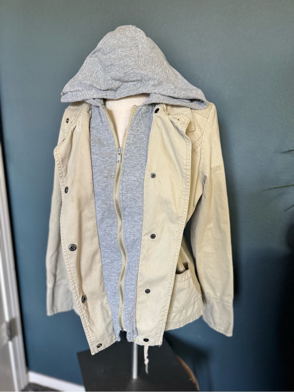 DKNY Light Khaki Utility Jacket with Gray Hood